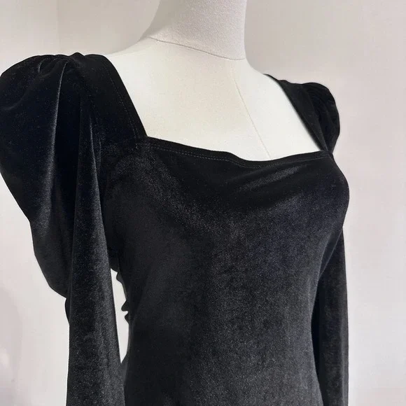 Reformation Lunar Dress Black‎ Velvet Long Sleeve Mini Puff Sleeve | Size S - Picture 4 of 8